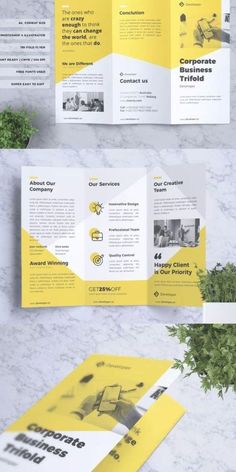 three fold trifold brochure mockup with yellow and white accents on marble background