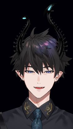 an anime character with black hair and horns on his head, wearing a blue tie