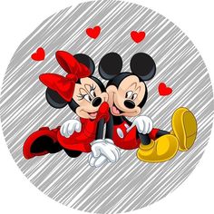 two mickey and minnie mouses kissing in front of a white circle with red hearts