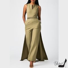 Sleeveless Jumpsuit With Train } Heavy Georgette Material In Khaki } Split V Neckline } Sleeveless } Detailed Pleating At The Waist } Fitted Bodice W/ Wide Legs } Flowing Train Not Removable - Sewn Into Back Pant Seam } Hidden Back Zipper } Polyester/Spandex Unlined With A Lot Of Stretch Flat Measurements Lay Similar Garment That Fits You Flat, Measure, Compare To Below. } 13" Shoulders } 6" Neck Slit } 19" Bust } 16.5" Waist } 20" Hip At End Of Pocket } 25" Seat At Crotch Jumpsuit With Train, Trendy Jumpsuit, Pocket Jumpsuit, Rompers Online, Moda Chic, Club Party Dresses, Romper Jumpsuit, Sleeveless Jumpsuits, Tulum