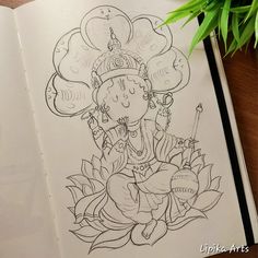 an open book with a drawing of a woman sitting on top of it next to a potted plant