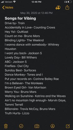 the song list for songs for vibing on an iphone screen, with yellow and black font