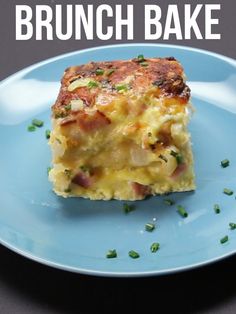 a blue plate topped with a piece of breakfast bake on top of a table