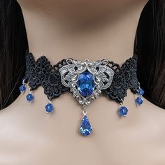 Vintage Crystal Choker Jewelry, Victorian Rhinestone Jewelry For Gifts, Victorian Rhinestone Jewelry Gift, Victorian Jewelry With Rhinestones For Anniversary, Victorian Rhinestone Jewelry For Anniversary, Vintage Blue Choker Jewelry, Silver Jeweled Choker Gift, Silver Jeweled Choker As Gift, Silver Jeweled Choker For Gift