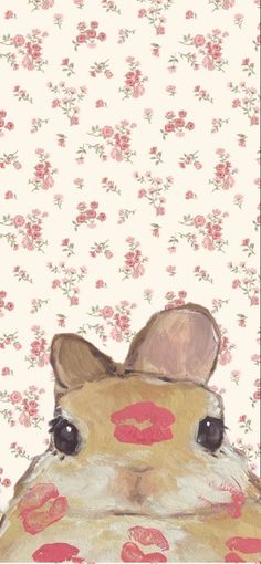 a painting of a mouse with lipstick on it's face and flowers in the background