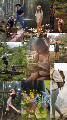 several pictures of people in the woods with flowers and trees, one woman is holding a basket