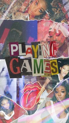 collage of photos with the words playing games on them and images of women's faces