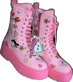 Cute Spring Platform Boots, Cute Pink Leather Boots, Pink Kawaii Aesthetic, Pink Combat Boots, Dolls Kill Shoes, Pink Kawaii, The Powerpuff Girls, The Powerpuff, Kawaii Aesthetic