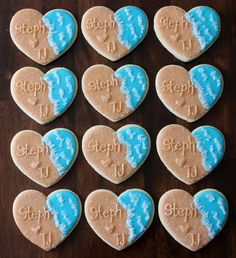 twelve heart shaped cookies with the words steph u and steph u written on them