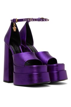 Purple Medusa Aevitas Platform Heeled Sandals by Versace on Sale Luxury Purple Open Heel Heels, Luxury Purple Open Toe Sandals, Designer Purple Sandals For Formal Occasions, Luxury Purple Evening Sandals, Luxury Purple Sandals With Open Heel, Luxury Purple Heels With Heel Strap, Elegant Purple Sandals With Buckle Closure, Luxury Purple Leather Sandals, Luxury Purple Heels For Party Occasions