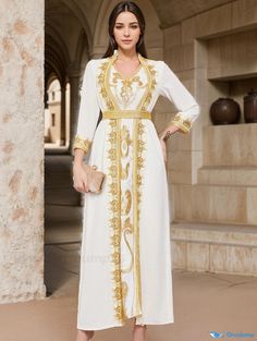 Orcajump - Arabian Long Dress with Golden Lace, Sequin Embroidery, and Beaded Embellishments Beaded Embellishments, Golden Lace, Sequin Embroidery, Sequins Embroidery, Collar Dress, A Line Skirt, A Line Skirts, Long Dress, Embellishments