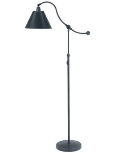 a floor lamp with a black shade on the top and bottom, standing up against a white background