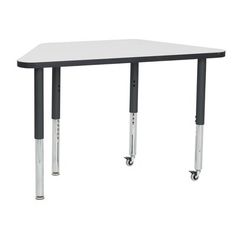 a white table with two metal legs and a black top on the bottom is shown in front of a white background