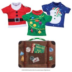 three children's christmas sweaters and an old suit case are featured in this ad