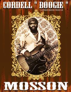 a man holding a guitar in front of a wooden background with the words moson on it