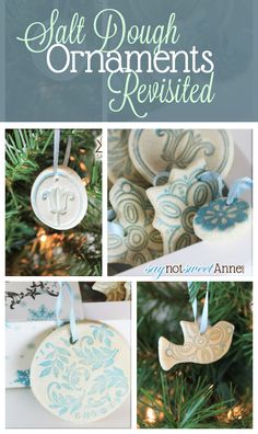 an ornament hanging from a christmas tree with the words salt dough ornaments revise