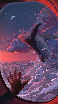 a person looking out an airplane window at a whale in the ocean with clouds and stars