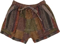 Stonewashed brown patchwork bohemian shorts are made of canvas yet breathable cotton fabric.  The bottom hem and pockets are made of thicker dari fabric. #tlb #bohemianfashion #HippieShorts #Unisexshorts #FallShorts Nature Clothes, Hippie Shorts, Bohemian Shorts, Belly Dance Jewelry, Hippie Look, Fall Shorts, Shorts Cotton, Trendy Skirts, Fashion Mood Board