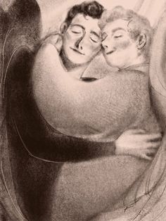 a drawing of two people hugging each other with their faces close to one another's chest