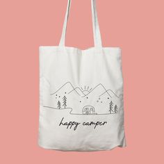 "Happy Camper Tote Bag, Shopping Bag, Wanderlust, Explore, Grocery Bag, Travel Bag, Camping, Nature Lover Gift, Hiking Gift, Vacation Tote 6.0 oz., 100% cotton 20\" self-fabric handles 9\" handle drop Bottom gusset 15\"W x 16\"H x 3\"D" White Tote Bag For Outdoor, White Outdoor Tote Bag, White Tote Bag For Outdoor Activities, Eco-friendly White Outdoor Bags, Tote Gift Bag For Weekend Trips, Eco-friendly Rectangular Bags For Outdoor Activities, Disney Tote Bags, Map Tote Bag, Custom Beach Bags