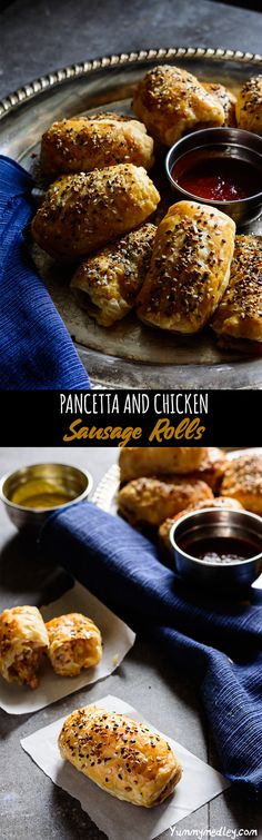 pancetta and chicken sausage rolls with dipping sauces