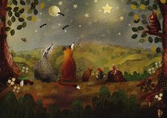 an image of two animals in the forest at night with stars and moon above them