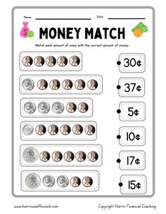 the money match worksheet for kids to learn how to make money with coins