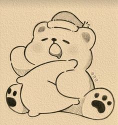 a drawing of a teddy bear with a santa hat on it's head and paws