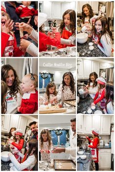 a collage of photos showing people in the kitchen and on the counter making christmas cookies