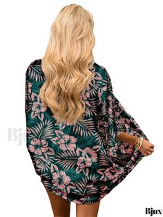 Bjux - Womens Floral Print Semi-Sheer V Neck Rash Guard Beachwear Cardigan - Long Sleeve Chiffon Blouse - Ideal Swimwear & Clothing Tropical V-neck Blouse For Beach, V-neck Cover-up For Vacation In Fall, Flowy V-neck Cardigan For The Beach, Open Front Summer Loungewear Tops, Green Long Sleeve Summer Cardigan, Green Long Sleeve Cardigan For Summer, Long Sleeve Hawaiian Tops For Spring, Hawaiian Long Sleeve Tops For Spring, Green Long Sleeve Beach Cover-up