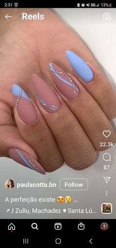 Nails Idea Almond Shape, Nails Summer Almond Shape, Almond Shape Vacation Nails, Almond Shaped Nails Designs Blue, Gel Nail Designs For Summer Almond Shape, Blue Nail Designs Almond Shape, Dusty Blue Nail Ideas, Blue And Maroon Nails, Sky Blue French Tip Nails Almond