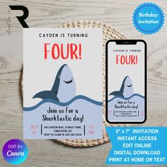 an image of a shark birthday party with the text'four'on it and a phone