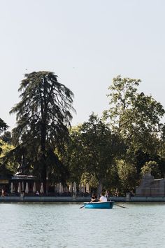 two people in a rowboat on the water with trees and buildings in the background