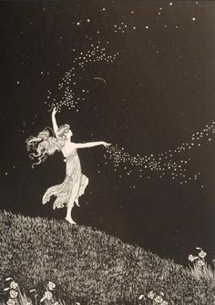 a drawing of a woman reaching for stars in the night sky