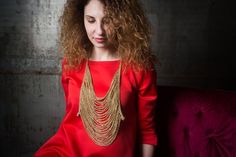 Modern knitted jewelry Party ethnic necklace gold color necklace big knit jewelry yarn necklace infi Yarn Dress, Business Lady, Artisan Yarn, Yarn Necklace, Knitted Necklace, Knit Jewelry, Big Knits, High Fashion Jewelry, Colorful Necklace