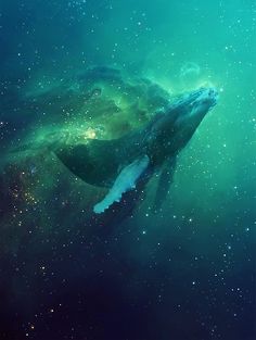 a humpback whale swims in the deep blue water with stars around it