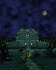 an animated video game scene with a house in the background and a person walking towards it