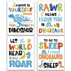 four different types of wall hangings with dinosaurs and words on the front, one in blue