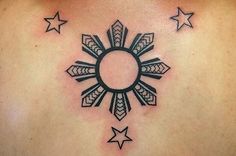 the back of a woman's shoulder with stars and a sun tattoo on it