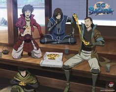 three anime characters sitting on a bench with pizza in front of them and one holding a knife