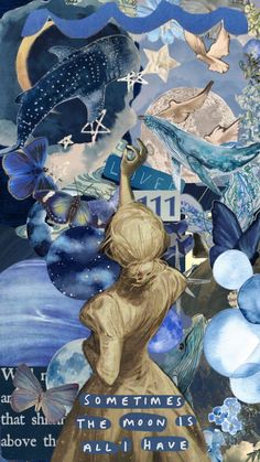 an artistic collage with blue and white flowers, stars, and other things in the sky