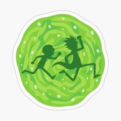 a green sticker with two people running in front of an image of watermelon