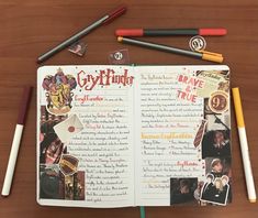 an open harry potter book with pencils and markers