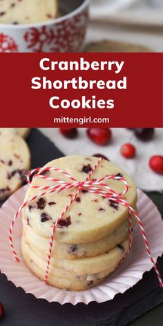 cranberry shortbread cookies are stacked on top of each other