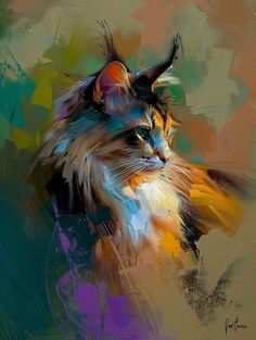 a painting of a cat with multicolored fur