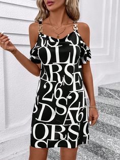 Women's Summer Fashionable Letter & Number Printed Open Shoulder Spaghetti Strap Dress Black and White Elegant  Short Sleeve Woven Fabric Letter,All Over Print Tunic Non-Stretch  Women Clothing, size features are:Bust: ,Length: ,Sleeve Length: Letter Print Dress, Fabric Letters, Spaghetti Strap Dress, Dress For Short Women, Print Tunic, Strap Dress, Spaghetti Strap Dresses, Dress P, Letter Print