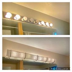 two different views of a bathroom mirror with lights above it