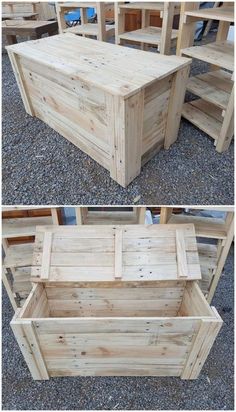 two pictures of the same bench made out of pallet wood