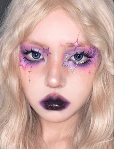 Swirly Makeup, Creative Makeup Looks Colorful, Decora Makeup, Cool Makeup Looks Creative, My Precious Moments, Cybercore Makeup, Crazy Makeup Looks, Makeup Looks Creative, Rich Makeup