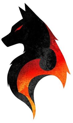 a black and red wolf head with orange flames on it's back side, against a white background